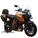 The Ventura Bike-Pack Kit for the KTM 1290 SuperDuke GT (16 ->) includes a sleek "EVO-12 Pack" in black with orange accents, an "Adjustable Pack-Rack," and a versatile L-bracket set with screws, along with a showcased bike rack labeled "EVO-RACK.