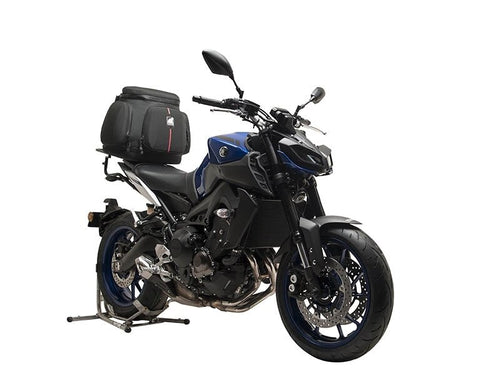Image showing a Ventura EVO-12 bike pack, rear Sport-Rack labeled EVO-Rack, and L-Brackets with hardware, all part of the EVO-12 Bike-Pack Kit for Yamaha MT-09, MT-09SP (17-20).