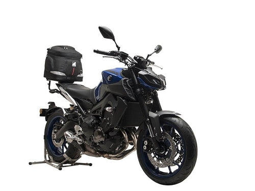 Image showing a Ventura EVO-12 bike pack, rear Sport-Rack labeled EVO-Rack, and L-Brackets with hardware, all part of the EVO-12 Bike-Pack Kit for Yamaha MT-09, MT-09SP (17-20).