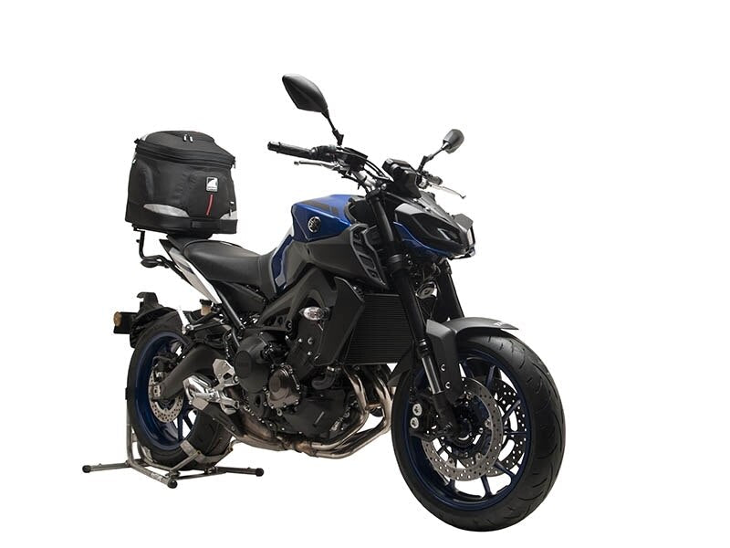 Image showing a Ventura EVO-12 bike pack, rear Sport-Rack labeled EVO-Rack, and L-Brackets with hardware, all part of the EVO-12 Bike-Pack Kit for Yamaha MT-09, MT-09SP (17-20).