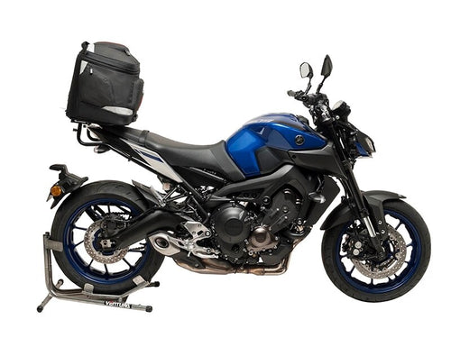 Image showing a Ventura EVO-12 bike pack, rear Sport-Rack labeled EVO-Rack, and L-Brackets with hardware, all part of the EVO-12 Bike-Pack Kit for Yamaha MT-09, MT-09SP (17-20).