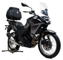 Image featuring the Ventura EVO-12 Bike-Pack Kit with an Evo-Rack on a Kawasaki KLE 300 Versys-X. Includes adjustable Pack-Rack, sleek EVO-12 pack, and L-brackets with hardware. The black finish and orange stripe boost its aerodynamic design.