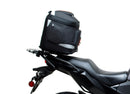Image featuring the Ventura EVO-12 Bike-Pack Kit with an Evo-Rack on a Kawasaki KLE 300 Versys-X. Includes adjustable Pack-Rack, sleek EVO-12 pack, and L-brackets with hardware. The black finish and orange stripe boost its aerodynamic design.