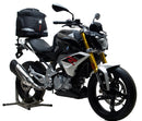 Image of the Ventura EVO-12 Bike-Pack Kit with a sleek black EVO-12 pack. Features an adjustable Pack-Rack and L-Bracket with screws, plus an EVO-Rack attached to a BMW G 310 R bike in a generic image.