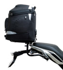 Image of the Ventura EVO-12 Bike-Pack Kit with a sleek black EVO-12 pack. Features an adjustable Pack-Rack and L-Bracket with screws, plus an EVO-Rack attached to a BMW G 310 R bike in a generic image.