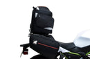 Meet the EVO-12 Bike-Pack Kit for the Kawasaki Z 650 Ninja (2017) by Ventura. It includes a stylish black bike pack with a red stripe and an Adjustable Pack-Rack. The kit features an EVO-RACK and L-bracket, complete with all screws and bolts for easy assembly, displayed on a white background.