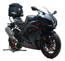 Ventura Bike-Pack Kit for Suzuki GSX-R 1000 (17 - >), with black EVO-12 pack, metal Adjustable Pack-Rack pannier support mounted on bike, and L-Bracket with screws, all items clearly labeled.