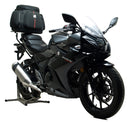 The Ventura EVO-12 Bike-Pack Kit for Suzuki GSX 250 R/Z, RA/AZ features a black soft bike-pack, an EVO-RACK adjustable rear rack on the bike, and black metal L-Brackets with screws shown in a generic image.
