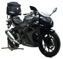 The Ventura EVO-12 Bike-Pack Kit for Suzuki GSX 250 R/Z, RA/AZ features a black soft bike-pack, an EVO-RACK adjustable rear rack on the bike, and black metal L-Brackets with screws shown in a generic image.
