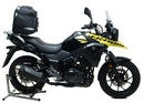 The Suzuki DL 250 AL8 V-Storm (17-20) Bike-Pack Kit by Ventura includes a black EVO-12 pack with zipper, EVO-rack for bike attachment, and L-bracket with installation screws. Displayed on a white background, it features an adjustable pack-rack for convenience.