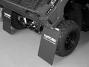 A black and white image displays the rear section of a Yamaha Viking / Viking VI (2018) with large tires and two Ventura mud flaps featuring a personalized logo, visibly showcasing the vehicle's body and part of its undercarriage.