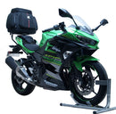 The image showcases a Ventura EVO-12 Bike-Pack Kit for the Kawasaki Ninja 400 (18 - >), featuring an adjustable Pack-Rack system. It includes an EVO-12 pack, EVO-RACK, and L-bracket with screws. Each part is labeled, and the L-bracket uses a generic image.