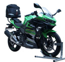 The image showcases a Ventura EVO-12 Bike-Pack Kit for the Kawasaki Ninja 400 (18 - >), featuring an adjustable Pack-Rack system. It includes an EVO-12 pack, EVO-RACK, and L-bracket with screws. Each part is labeled, and the L-bracket uses a generic image.