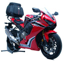 The image displays Ventura's EVO-12 Bike-Pack Kit, including a black pack with an orange stripe, the Evo-Rack for Honda CBR 1000 RR Fireblade (17-19), and a durable L-Bracket with screws. Each part is labeled in red text on a white background.