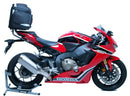 The image displays Ventura's EVO-12 Bike-Pack Kit, including a black pack with an orange stripe, the Evo-Rack for Honda CBR 1000 RR Fireblade (17-19), and a durable L-Bracket with screws. Each part is labeled in red text on a white background.