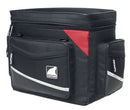 The Rally IV by Ventura is a black motorcycle top box featuring side pockets, front zippered compartments, a red and silver design accent, and the Venturrax logo.