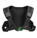 The Ogio ERZBERG 1L Hydration Bag in Black features a black ergonomic backpack harness with a multi-adjust harness system, padded shoulder straps, reflective gray strips, and adjustable black buckles. The back panel is constructed from breathable mesh material, and the front displays a green circular logo.