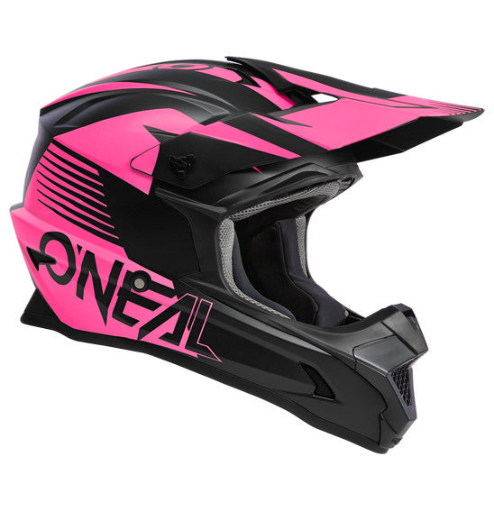 The O'Neal 1SRS STREAM V.23 Helmet, crafted by ONEAL, boasts a dynamic and brightly colored design with a dominant pink hue accented by black details. Its top features sharp, angular patterns and prominently displays the brand name "O'Neal" on both sides and the front. With ABS Shell construction and an adjustable visor design, this helmet offers a sleek and aerodynamic shape.