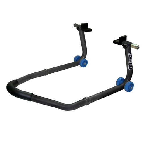 The RJAYS Universal Racestand - REAR, crafted from black metal tubing and equipped with blue plastic wheels for easy maneuverability, features adjustable swing arm widths to fit various motorcycles. It includes a padded handle for a comfortable grip and is branded with "Rjays" on one of the vertical arms.