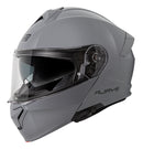 The RJAYS TOURTECH V Helmet in Solid Gloss Grey is a sleek, full-face motorcycle helmet featuring a flip-up front visor. Its aerodynamic shell includes an internal sun visor, a red button for visor release, and a cushioned interior lining. The brand name "RJAYS" is prominently displayed on the side.