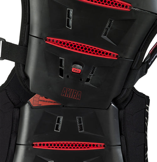 Close-up image of a black Forma Akira 6 C.L.M. Smart Back Protector vest with red accents and the text "AKIRA" on it. Featuring adjustable straps, ventilation slits for airflow, and a red knob labeled "PULL" likely for fit adjustment. This CE-approved vest incorporates SAS-TEC foam back protector for enhanced safety.