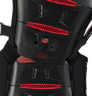 Close-up image of a black Forma Akira 6 C.L.M. Smart Back Protector vest with red accents and the text "AKIRA" on it. Featuring adjustable straps, ventilation slits for airflow, and a red knob labeled "PULL" likely for fit adjustment. This CE-approved vest incorporates SAS-TEC foam back protector for enhanced safety.