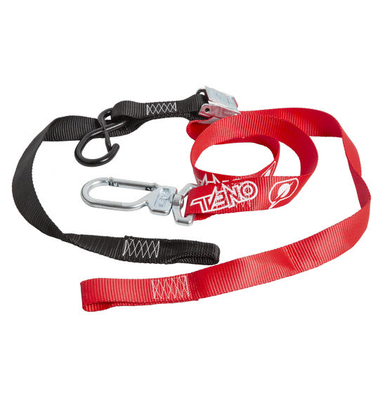 The O'Neal Swivel Deluxe Tie Downs - 1 1/2 inch by ONEAL is a dual-colored leash with red and black sections. The red section is adorned with a logo and text, while the black section features a convenient loop and swivel carabiner hook, providing versatile attachment options. Constructed from durable polyester webbing, it boasts an impressive working load limit of 275 kg.