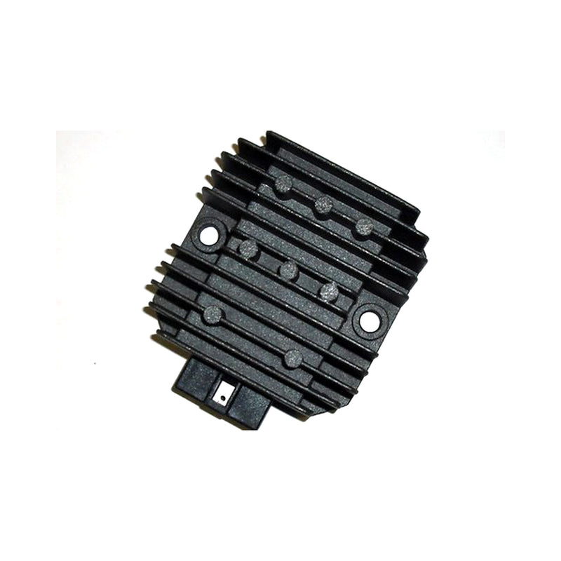 A black rectangular heatsink with several fins and a connector plug at the bottom. The surface is ribbed with circular and square protrusions. This object is likely an electronic component, specifically the REGULATOR RECTIFIER RICKS MOTORSPORT KAWASAKI by RICK'S, set against a white background.