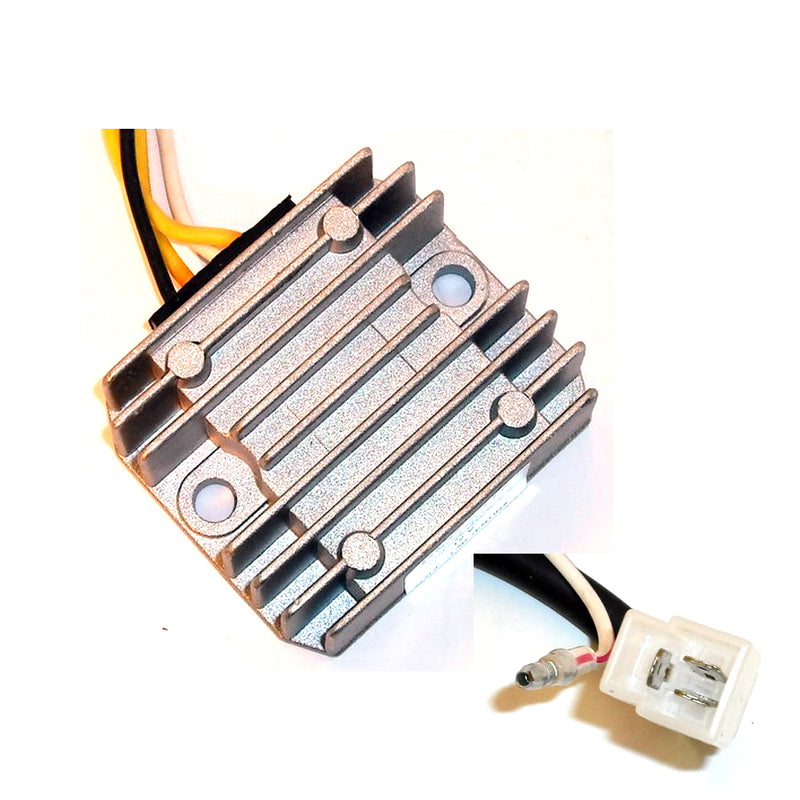 A black rectangular heatsink with several fins and a connector plug at the bottom. The surface is ribbed with circular and square protrusions. This object is likely an electronic component, specifically the REGULATOR RECTIFIER RICKS MOTORSPORT KAWASAKI by RICK'S, set against a white background.