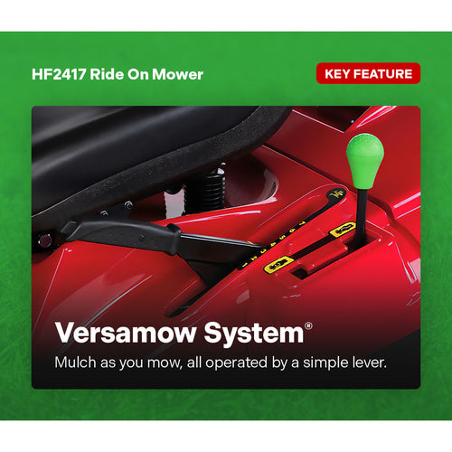 Text-based flyer promotes the Honda Power Equipment Honda HF2417 40" Ride On Mower for $9,499 (inc GST). Features: GCV530 engine, 102cm cutting deck, hydrostatic transmission, Optiflow™ system, auto LED headlights, full-color LCD display, Speed Hold System, and a 300L fluted catcher bag. Fielday special—save $500.