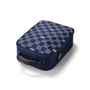 The Louis Goggle Case by 100% features a navy body, checkered lid pattern, black textured handle, and zipper sides, shown on a white background.