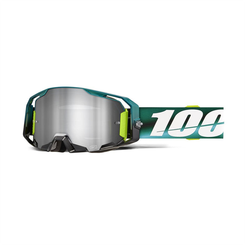 Motocross goggles with a reflective lens and green frame on a white - Built for younger riders. These Goggles are perfect for NZ Summer. 
