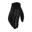 The 100% Brisker Cold Weather Gloves have a form-fitting design with an elastic cuff, reflective graphics for enhanced visibility, and a bold "100%" logo on top, ideal for activities needing grip and protection.