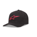 The ALPINESTARS Ageless Curve Hat in Black/Red (S/M) is a black cap with a red-outlined stylized front logo, shown on a white background.