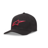 The ALPINESTARS Ageless Curve Hat in Black/Red (S/M) is a black cap with a red-outlined stylized front logo, shown on a white background.