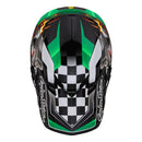The Troy Lee Designs SE4 POLYACRYLITE HELMET W/MIPS CARB GREEN features bold graphics, a cartoon engine with flames, checkered flag pattern, “Troy Lee Designs” on the visor, and MIPS technology for enhanced safety.