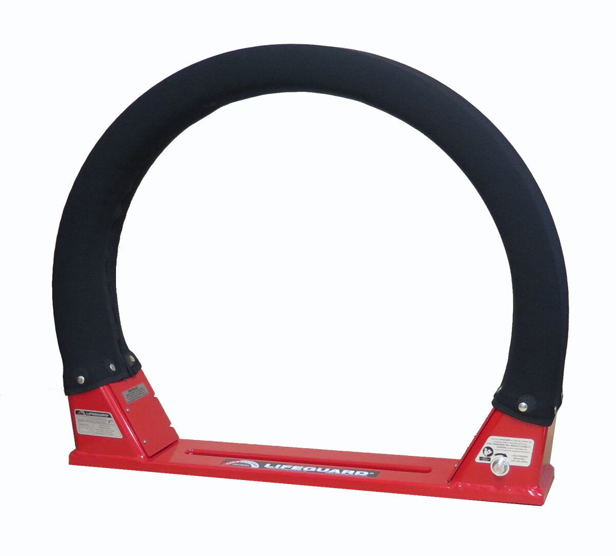 The LifeGuard ATV Crush Protection Device by City Honda Manawatu is a red and black lockable semicircular bar on a rectangular base, designed as an accessory for enhanced vehicle anti-theft protection.