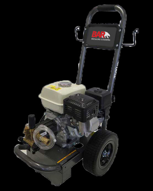 The Honda Pressure Cleaner 120 BAR3065A-HG by BE Pressure Supply Ltd. is a portable pressure washer equipped with two wheels and a handlebar. It features a black frame, a visible engine, and prominently displays the "BAR Pressure Cleaners" logo on the front. This model provides efficient cleaning power with 3000 PSI, thanks to its AR Axial Pump.