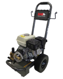 The Honda Pressure Cleaner 120 BAR3065A-HG by BE Pressure Supply Ltd. is a portable pressure washer equipped with two wheels and a handlebar. It features a black frame, a visible engine, and prominently displays the "BAR Pressure Cleaners" logo on the front. This model provides efficient cleaning power with 3000 PSI, thanks to its AR Axial Pump.