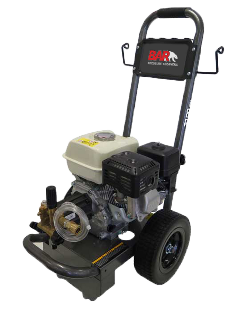 The Honda Pressure Cleaner 120 BAR3065A-HG by BE Pressure Supply Ltd. is a portable pressure washer equipped with two wheels and a handlebar. It features a black frame, a visible engine, and prominently displays the "BAR Pressure Cleaners" logo on the front. This model provides efficient cleaning power with 3000 PSI, thanks to its AR Axial Pump.