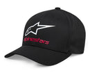 Introducing the Alpinestars Always 2.0 Hat from City Honda Manawatu, a stylish black baseball cap adorned with a sonic weld combo logo featuring a white star and "alpinestars" in vibrant red. Crafted from stretch twill, this hat comes with a curved bill and multiple stitching lines for enhanced structure.