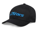 The Alpinestars Blaze 2.0 Hat by ALPINESTARS is a black baseball cap featuring a structured crown and blue embroidery on the front, showcasing the word "Stars" alongside a small star icon. This cap includes a curved bill and six panels crafted from stretch twill, all topped with a button.