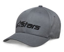 Introducing the ALPINESTARS Blaze 2.0 Hat in Charcoal/Black, a stylish baseball cap featuring a structured crown, curved bill, and black embroidered text reading "stars" alongside a unique star design.