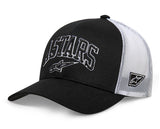 The Dunker Trucker Hat Black/White by Crown Kiwi Enterprises Limited is a poly mesh baseball cap with embroidered "ALPINESTARS" text on the front, a small logo on the side, and a snap back closure.