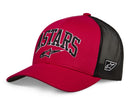 The Dunker Trucker Hat Red/Black from Crown Kiwi Enterprises Limited is a red and black mesh baseball cap with "ASTARS" in Dunker embroidery on the front, a small logo on the side, a curved bill, and a breathable mesh back for style and comfort.