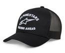 The ALPINESTARS Triple Trucker Hat Black/Black features a structured crown, curved brim, black poly mesh back, white "ALPINESTARS RACING AHEAD" text with star logo, and adjustable snap back closure.