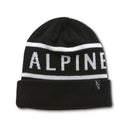 The Wordy Cuff Beanie Black/White by Crown Kiwi Enterprises Limited features "ALPINE" in bold white letters on a soft knit black jersey, with a small white Alpinestars logo on the folded edge.