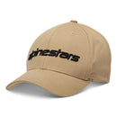 The Alpinestars Linear Hat Sand/Black by Crown Kiwi Enterprises Limited has a beige base with "alpinestars" in bold 3D embroidery on front. Its structured crown and curved bill are highlighted by fine visible stitching details.