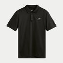 A person wearing the Realm Polo Shirt Black by Crown Kiwi Enterprises Limited stands against a white background. This polo features an embroidered logo on the chest, short sleeves, and a buttoned collar, crafted from jacquard mesh for enhanced breathability.