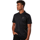A person wearing the Realm Polo Shirt Black by Crown Kiwi Enterprises Limited stands against a white background. This polo features an embroidered logo on the chest, short sleeves, and a buttoned collar, crafted from jacquard mesh for enhanced breathability.